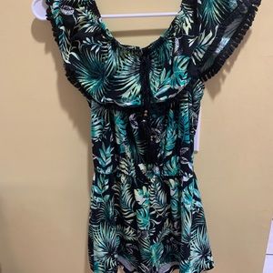Tropical black and green over the shoulder romper